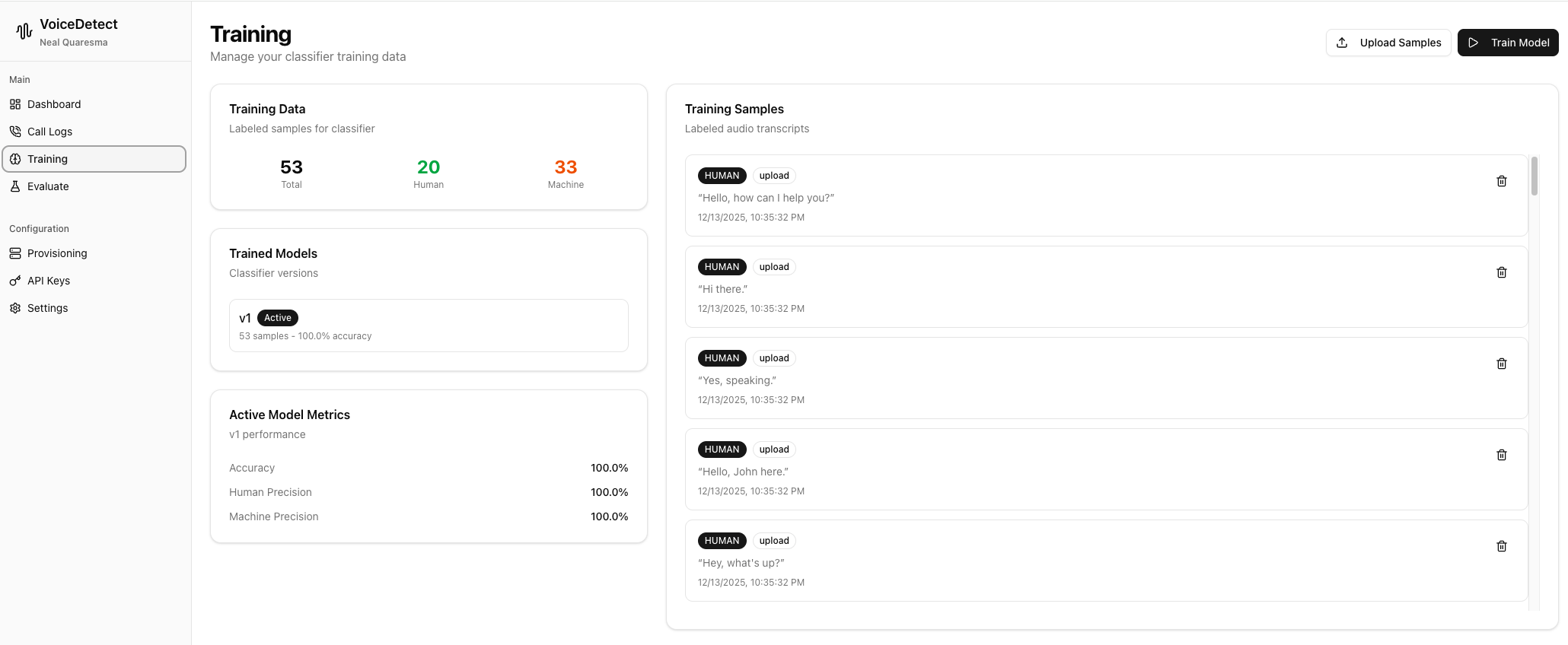 VoiceDetect Training interface with ML model management