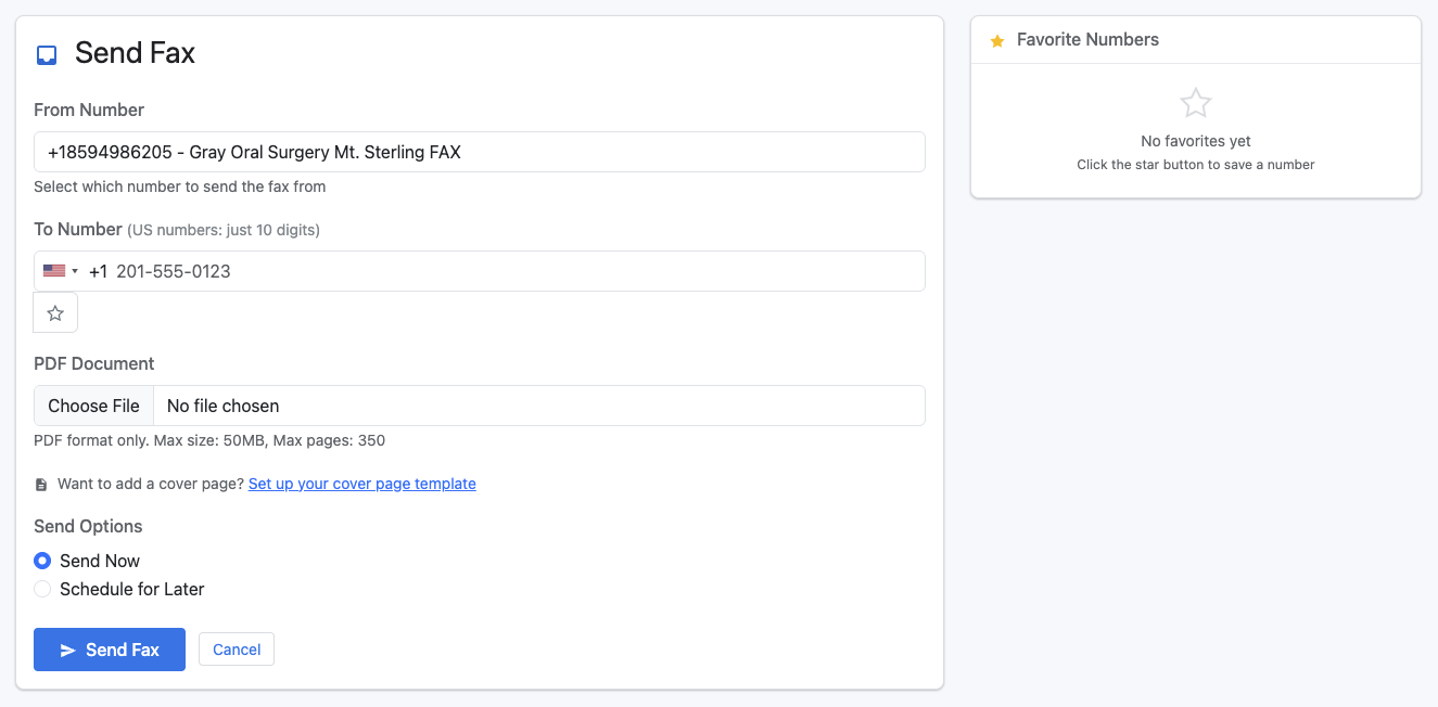 eFax Send interface with PDF upload and scheduling options