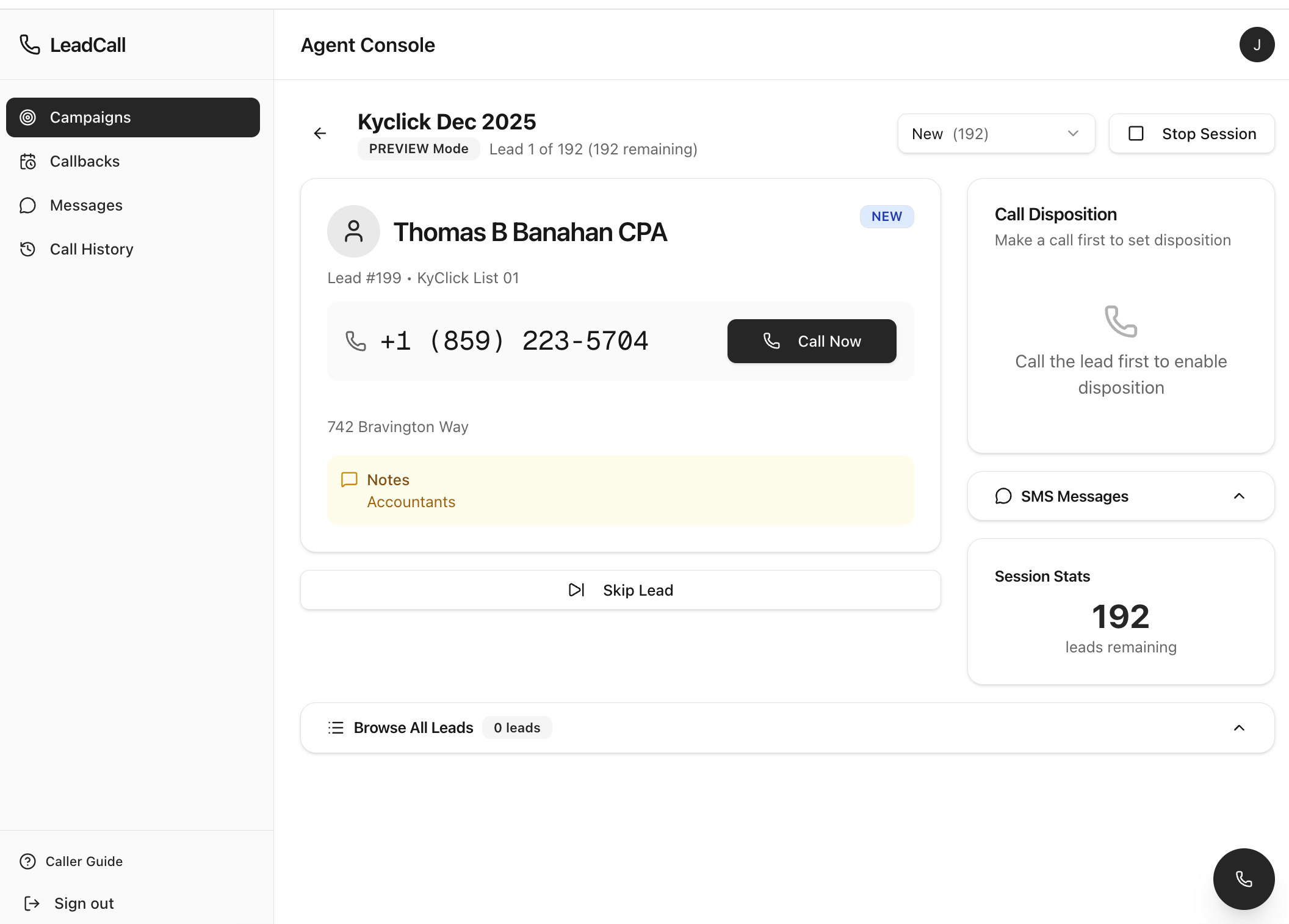 LeadDialer Agent Console showing lead preview and dialing interface