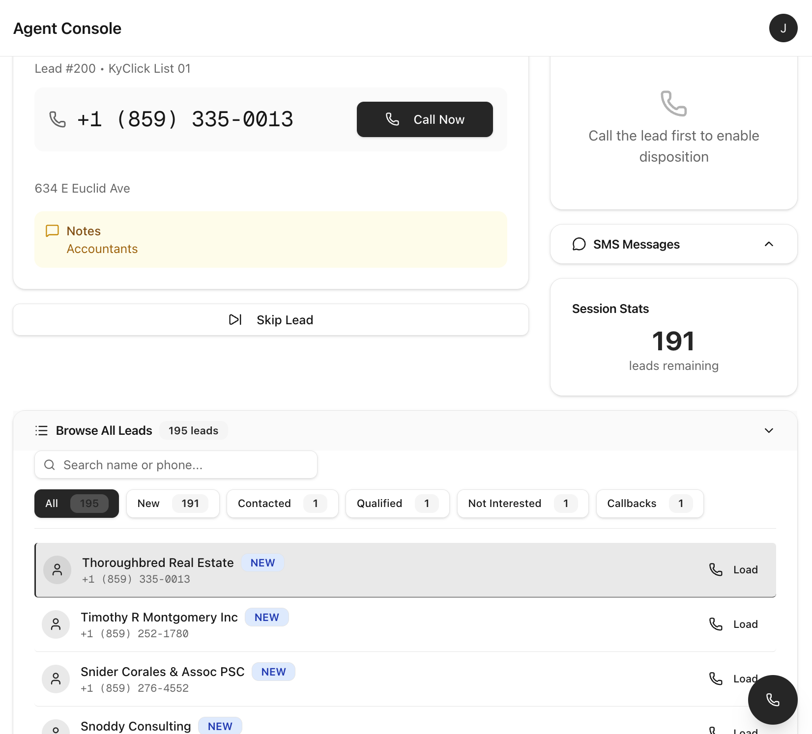 LeadDialer Browse Leads panel with search and filters