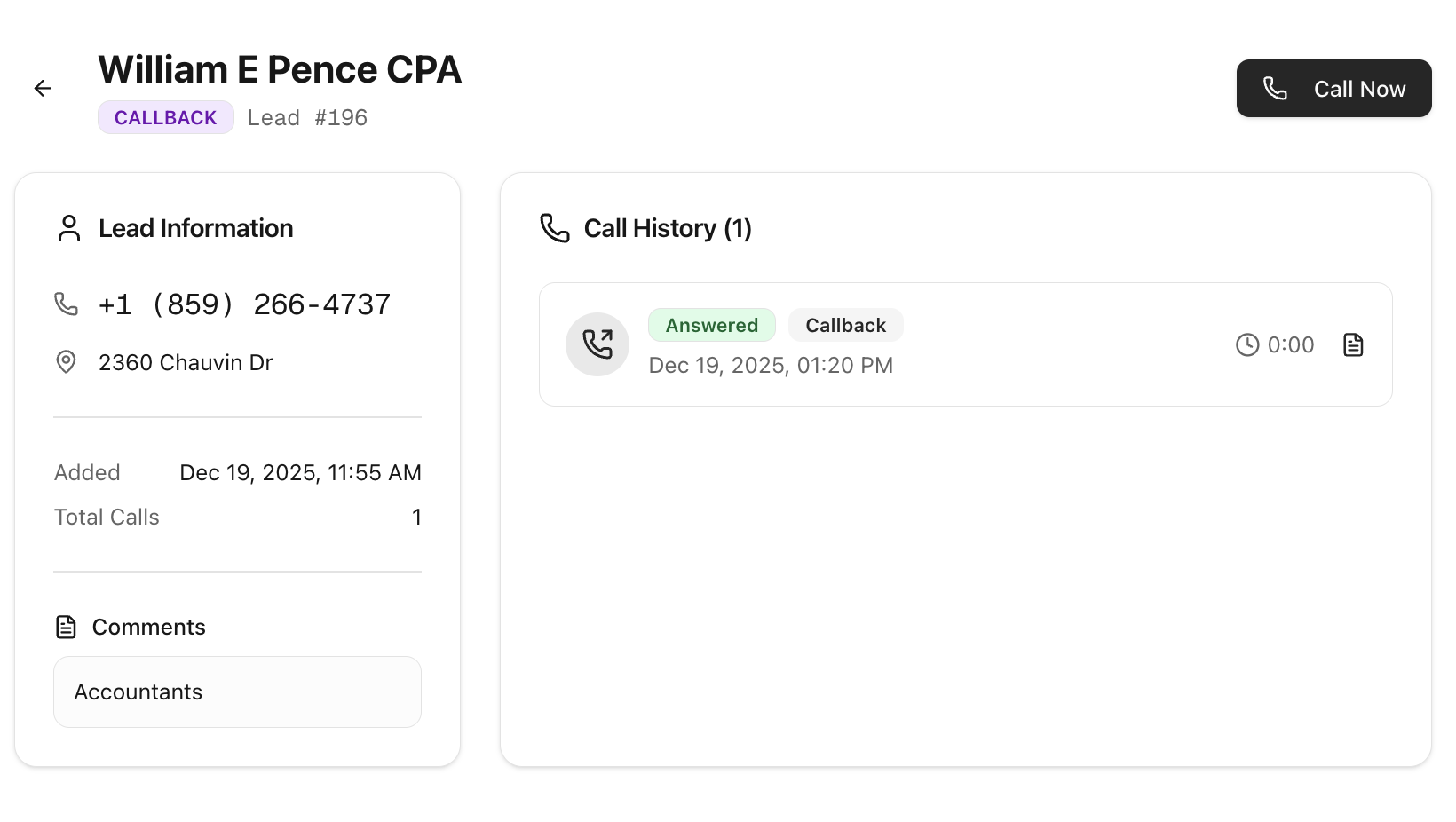 LeadDialer Lead Details showing contact info and call history